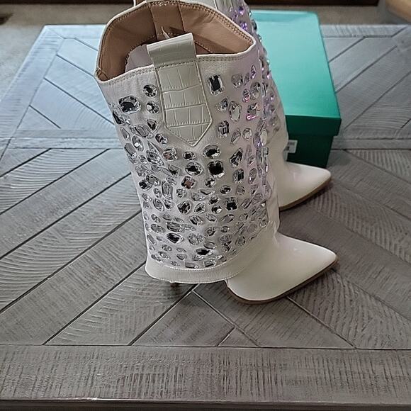 Lauren Lorraine Hana Cowboy Boots Womens White Rhinestone Stiletto Heel - Picture 6 of 12